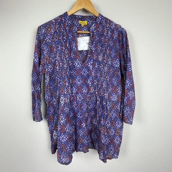 NWT‎ Roberta Roller Rabbit Irina Top M Blue Rust Cotton Boho Pintuck Beaded Trim - Picture 1 of 9